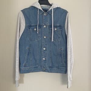 Forever 21 Men Blue Denim & Jersey Trucker Hooded Jacket Sz Small NEW w/ Tags